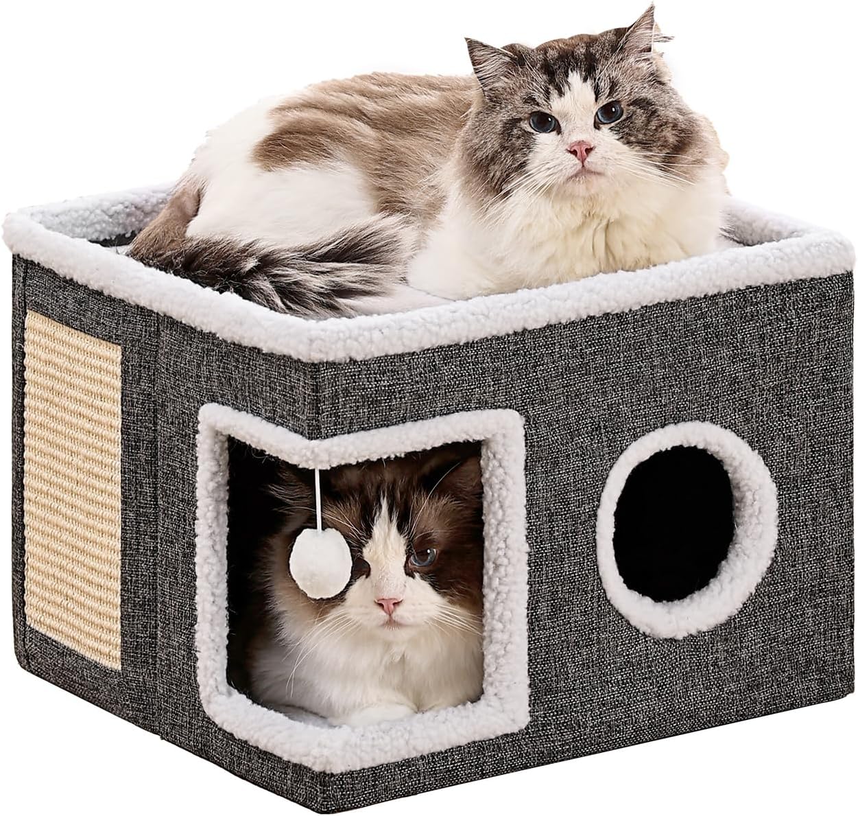 Casuta multifunctionala pe 2 nivele pentru pisici, Zola, cu pat moale, zona de zgariere si jucarie suspendata, 42 x 42 x 30 cm, gri Casuta multifunctionala pe 2 nivele pentru pisici, Zola, cu pat moale, zona de zgariere si jucarie suspendata, 42 x 42 x 30 cm, gri